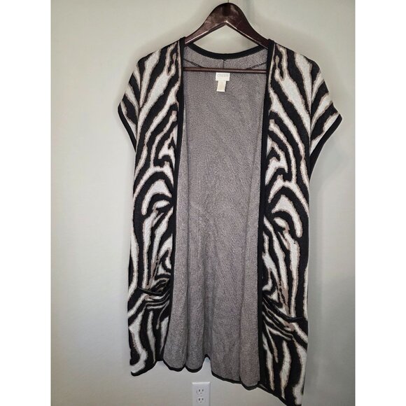 Chicos Zebra Print Open Front Cardigan Vest Size 3 XL Faux Leather Trim - Picture 10 of 16
